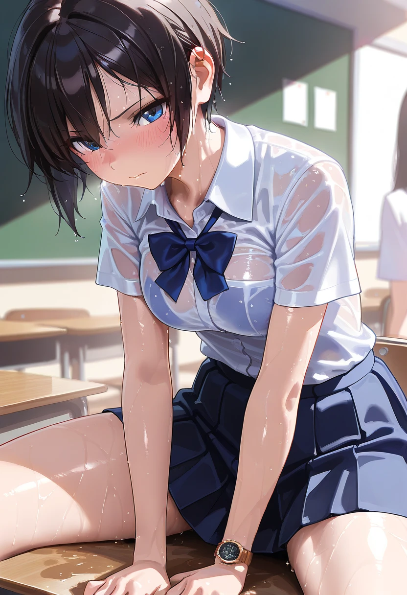 (masterpiece, best quality), NSFW, full body, from side,
1girl, (1boy, hetero:1.3), vaginal, sex, sex from behind, doggystyle, all fours,
BREAK trembling, sleepy, (half-closed eyes:1.1), heavy breathing, steam, light frown, open mouth, motion lines,
BREAK 11yo, (loli:1.1),(beautiful brown eyes), (beautiful black hair), ((((short hair)))), ((bob hair)),(wet hair), (wet skin), (sweat), (steam),((small height)),(((petite))), (flat chests,small breasts),(((pubic black hair:1.1))),
BREAK ((((elementary school uniform), (white shirt, white sleeves, short sleeves:1.2), (navy sailor collar), (aqua neckerchief:1.2), sleeve lines, bare arms, (open clothes:1.3), shirt lift, nipples,
BREAK (navy skirt), (white socks:1.2), loafers,
BREAK classroom,