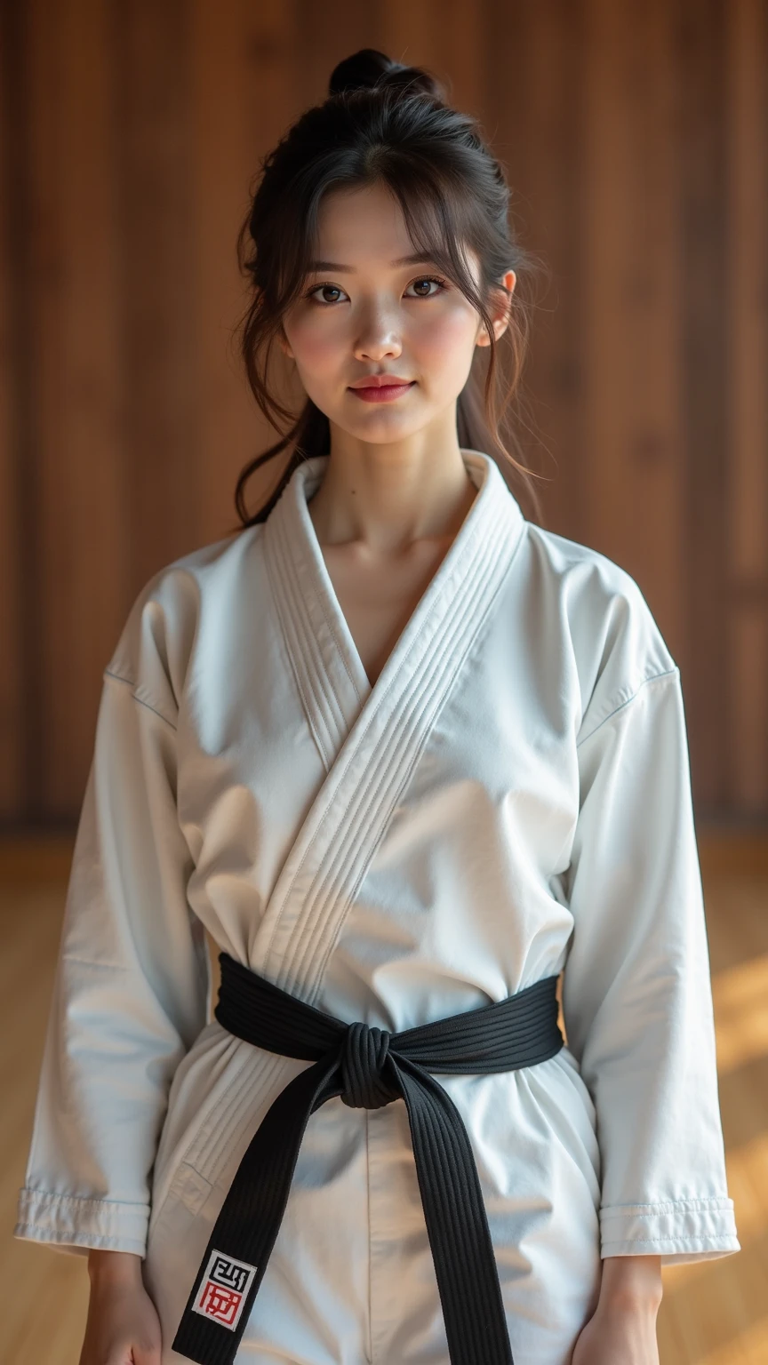 Highest quality、Japanese、Big Breasts、White judo uniform、naked、Inserting the penis into the vagina、、Normal position、Have sex、Thick pubic hair、smile、dojo