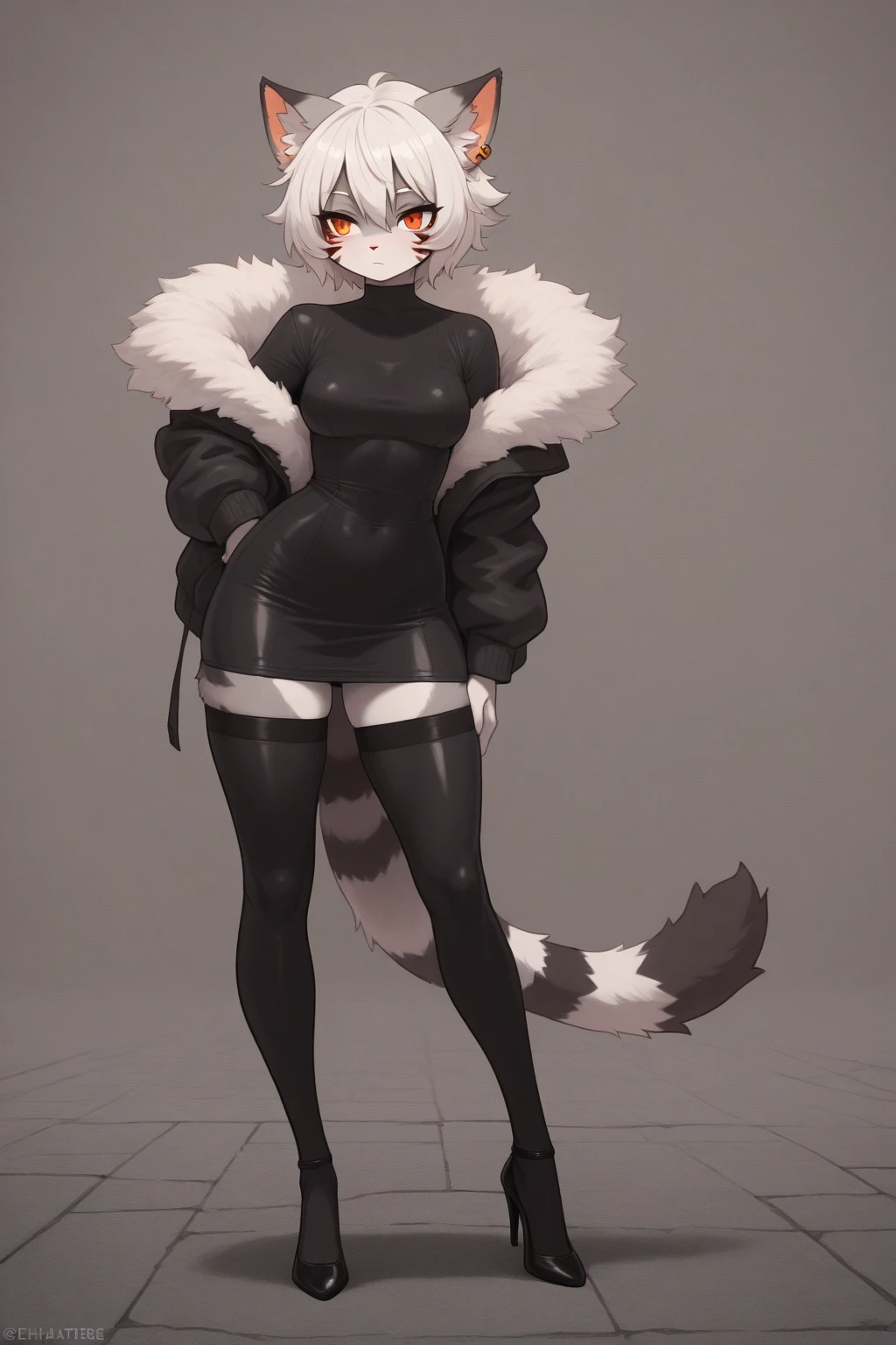 cat-boy, toned, sharp big wolf ears, wolf tail, big black messy hair, extremely vibrant red eyes, HD, masterpiece, vibrant, black converse shoes, slim dark black hoodie, full body view, neutral face, black thigh socks, combat boots.