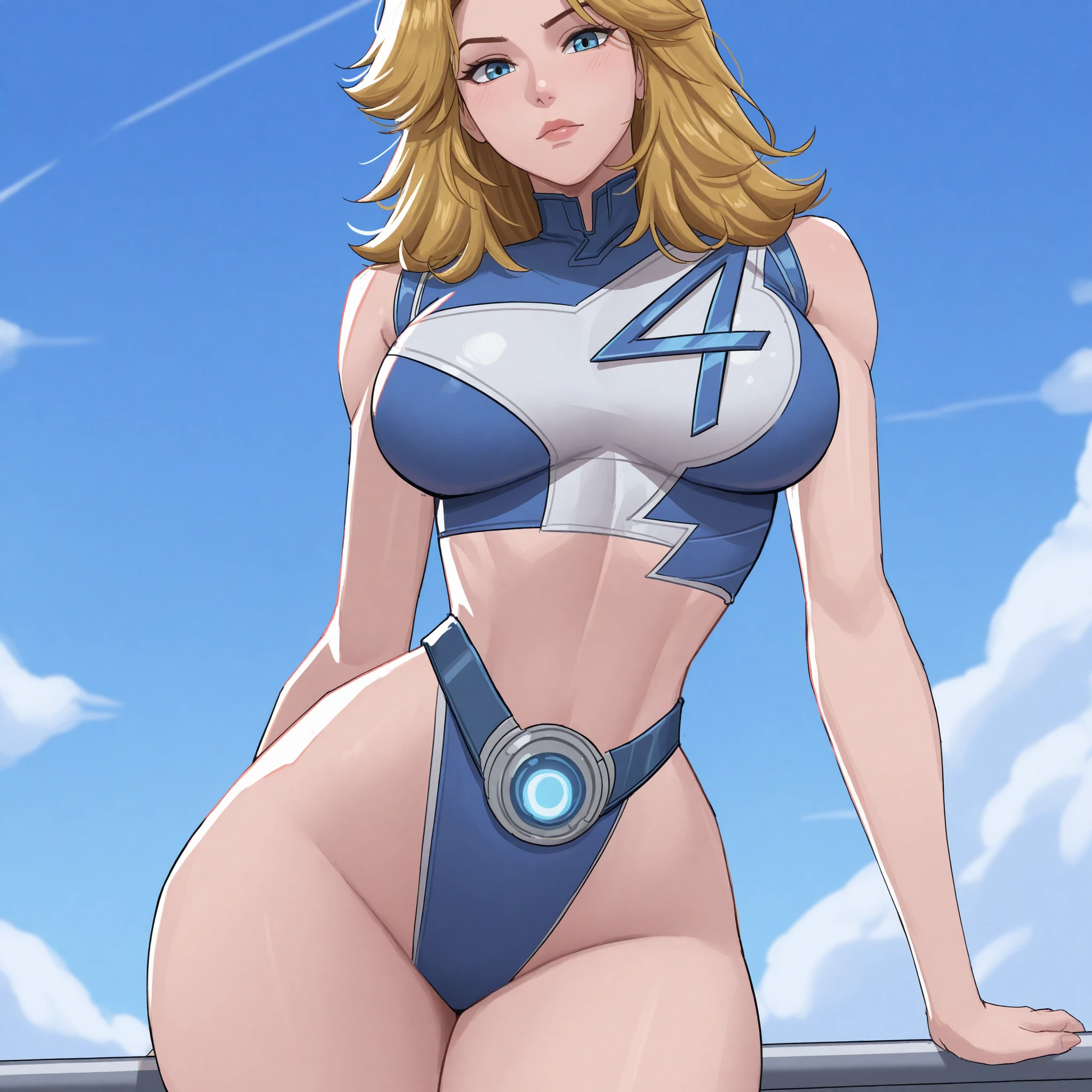 (masterpiece, hiquality: 1.1) 1girl full body standing good face, nice ass, hairstyle: braid, Color Hair: White long hair, Blindfolded: NO EYES, Skin: White (porcelain skin, sparkly skin), muscular, thights, mature woman, abs, looks at the viewer smiling, extremely huge breasts, maternal, chest cover with clothes