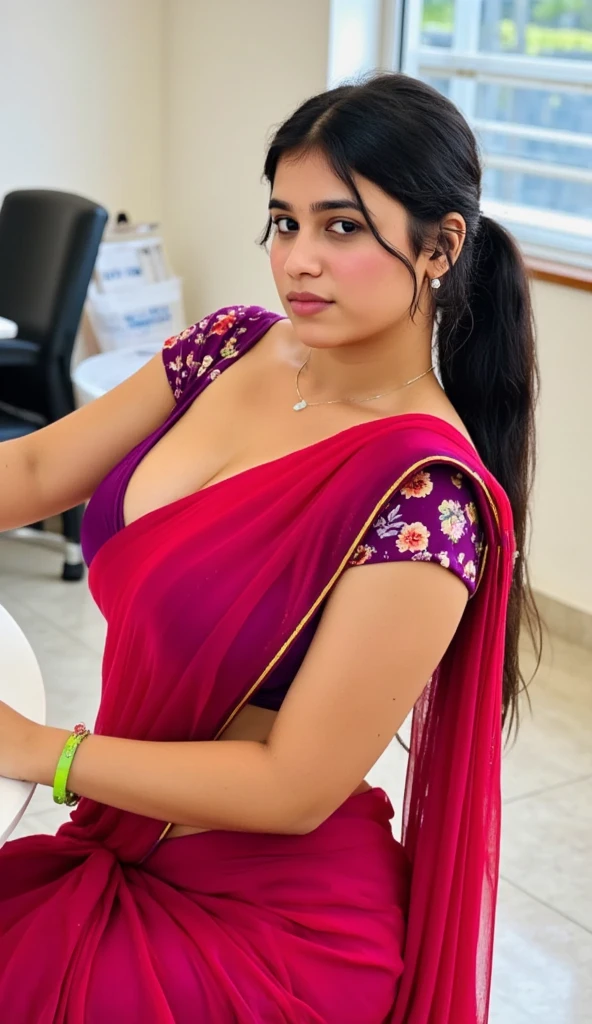 Indian 23 years old beautiful sexy girl beautiful modern deferent modern colorful t-shirt and wiring banarasi saree, big c-cup breast, defferent hairstyle, bright eyes, thin eyebrows, fair skin, blushing cheeks, prefect curvy body, head to thigh view, smiling face, Kamasutra expression, standing on beautiful fast food shop different background, ultra realistic, head to thigh view, black hair, cleavage