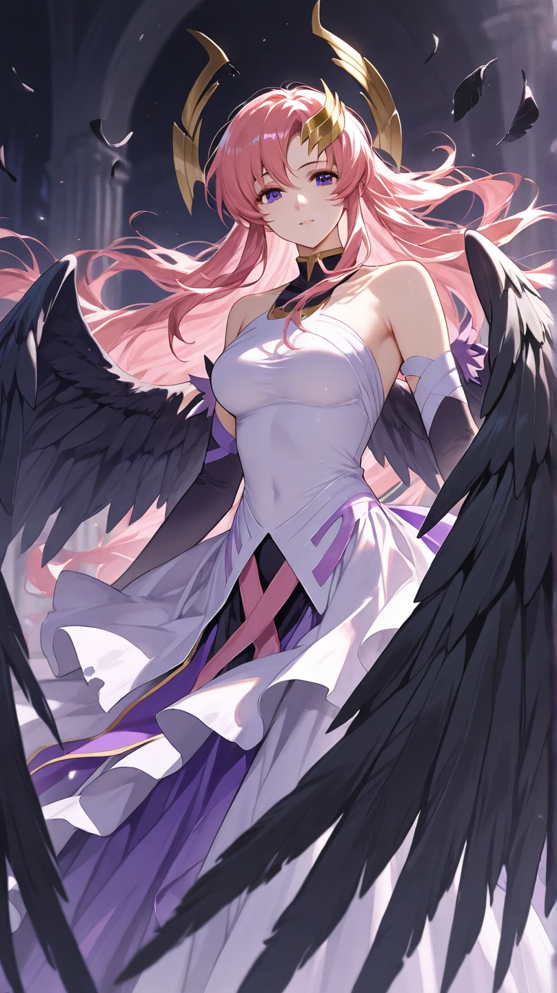 (masutepiece, Absurd quality, Best Quality, Official art, Beautiful and aesthetic:1.2), (1 little girl:1.4), ighly detailed, (Fractal Art:1.3), Colorful, highest details, Vivid Color, From  above, Angel, albino, baby-face, Hugging the skull, Dark light, Fluffy white ruffled dress, White lace up short boots, fluffy Angel wings, Purple long hair, Beautiful detailed red eyes, glare at viewer, Lots of skulls,Full body,((upper body)),((Purple hair)),