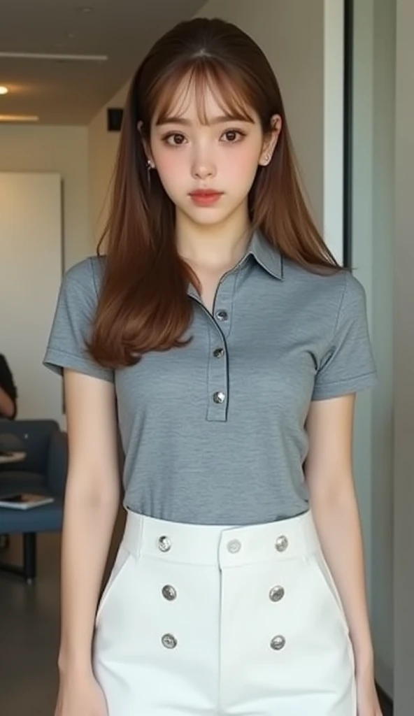 (One woman), Great face and eyes, blue eyes, Captivating smile, (Stunningly beautiful woman), (Highest quality:1.4), (Very detailedな), (Very detailed CG 統合 8k 壁紙), Very detailed, High-quality RAW color photos, Professional photography, Written boundary depth、Sexy pose、Luxury、(((Big Breasts、Reality)))、(((Polo shirt)))、mini skirt、Beautiful feet、height: 170cm、Slender beauty,(Beautiful limbs,Beautiful fingers:1.5)