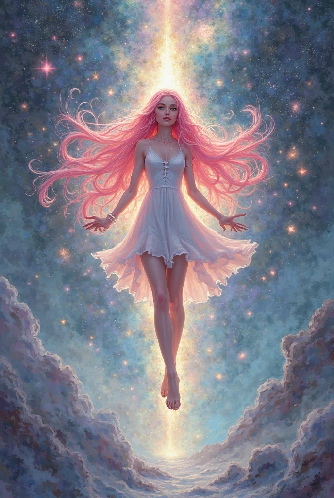 I&#39;d like an anime-style illustration of a pink-haired woman wearing a dress, floating in space, from behind, after splitting the round Earth in half with a straight punch.。