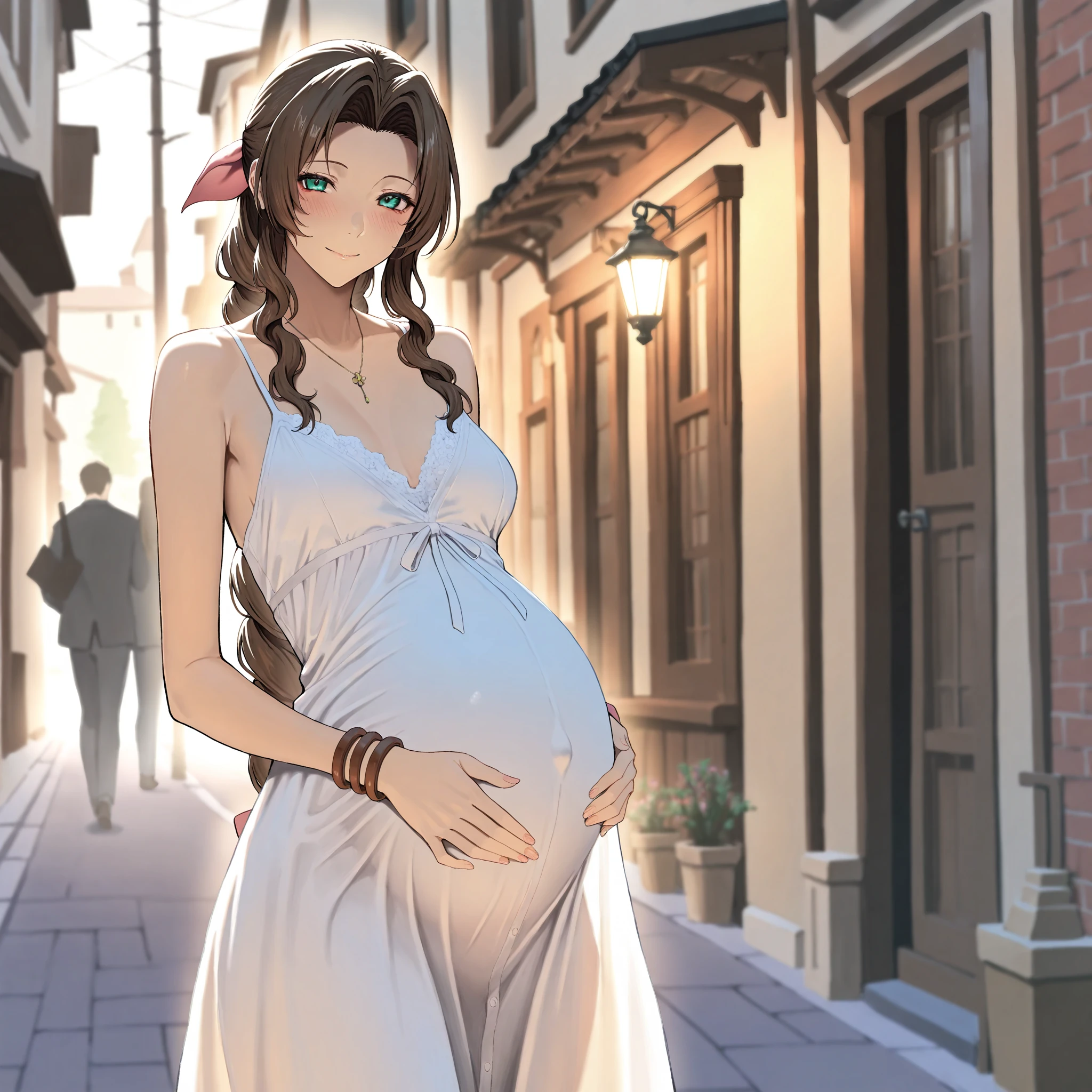Mercury Witch、((highest quality)), ((masterpiece)), (detailed), Perfect Face、((Thretta Mercury、1People only、Perfect proportions、Redhead、Earrings、Luxury accessories、Güell Jeták's wife、Engagement Ringarried to Guell Jeterk、Becoming Sletta Jetak、She loves her husband, Güell Jeterk.、pregnancy、Holding the baby))、She snuggles up close with her husband, Guell.、With her husband Guell by her side