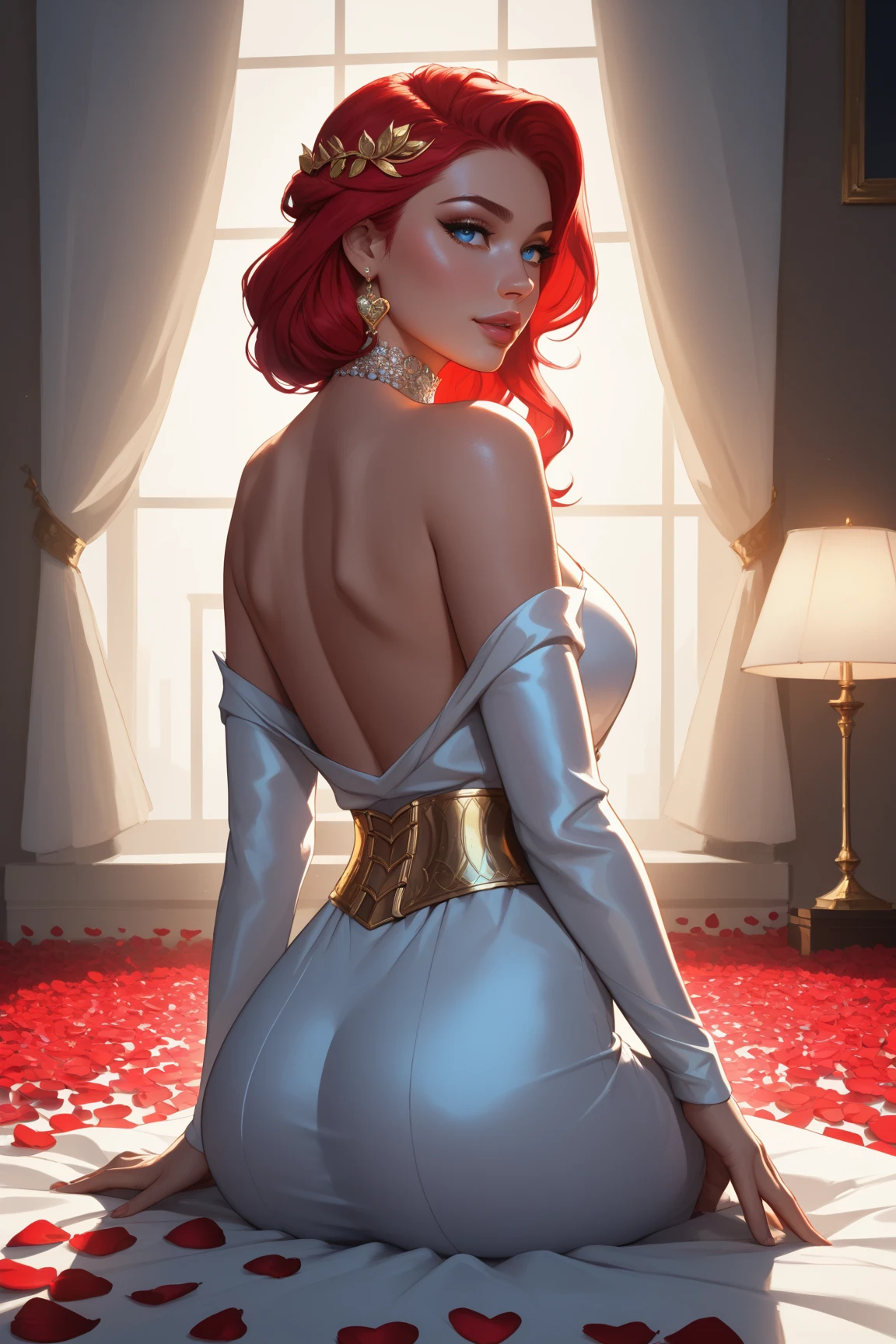 rear view, full body portrait of 1 person, a cute skinny ginger (redhead) princess, 18, teen, slim, regal, royalty, wearing a thin silver crown and a long royal dress, (medieval castle interior), (leaning in bedchamber doorway), inviting you in, ((alone at night)), gorgeous, stunning, hot, (seductive smile), (8k, high res, intricate, masterpiece) (highly detailed face: 1.4)