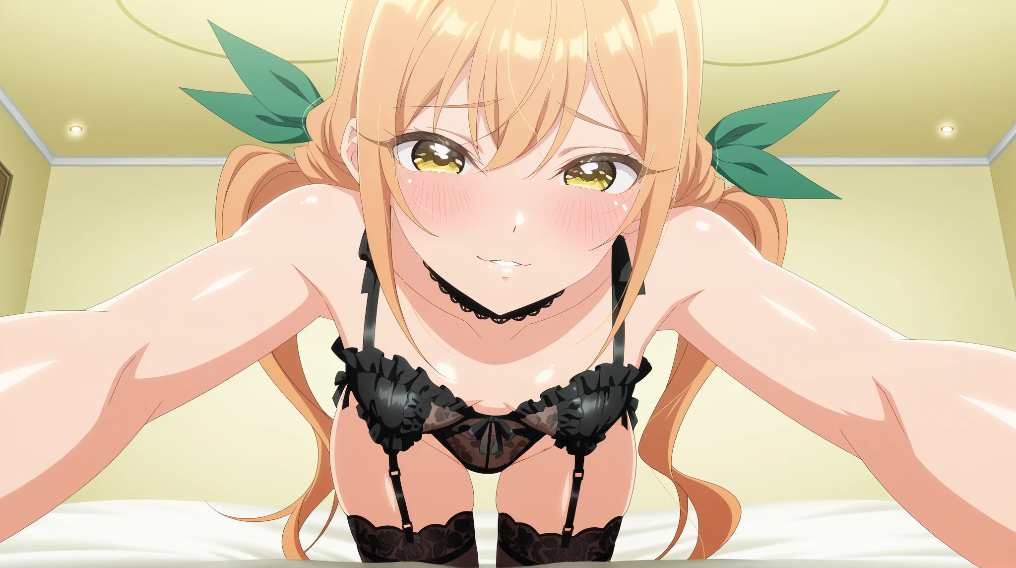beautiful cute girl,(honey yellow hair:1.2),(random hair:1.1),(long hair:1.1),(light green eyes:1.2),(red cheek:1.0),(lace, camisole:1.25),((lace:1.2)),(underwear:1.25),close up of butt,(spread your legs:1.0),(hand inside underwear:1.15),(masturbation:1.1),(nsfw:1.0),(smile:1.1)