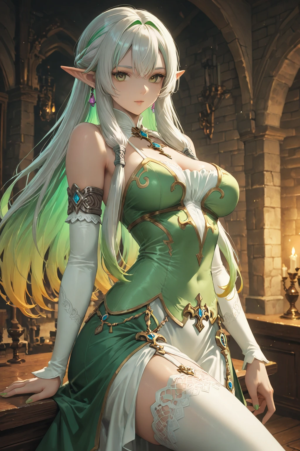Grown-up girl, Long silver hair, elf ears, Green eyes, large breasts, Green lipstick, green dress, open dress, open breasts, Sleeveless, Sexy, erotic dress, transparent dress, Princess, Gold Elements, Hands up, Masterpiece, hiquality, 4k, HD, Good detail
