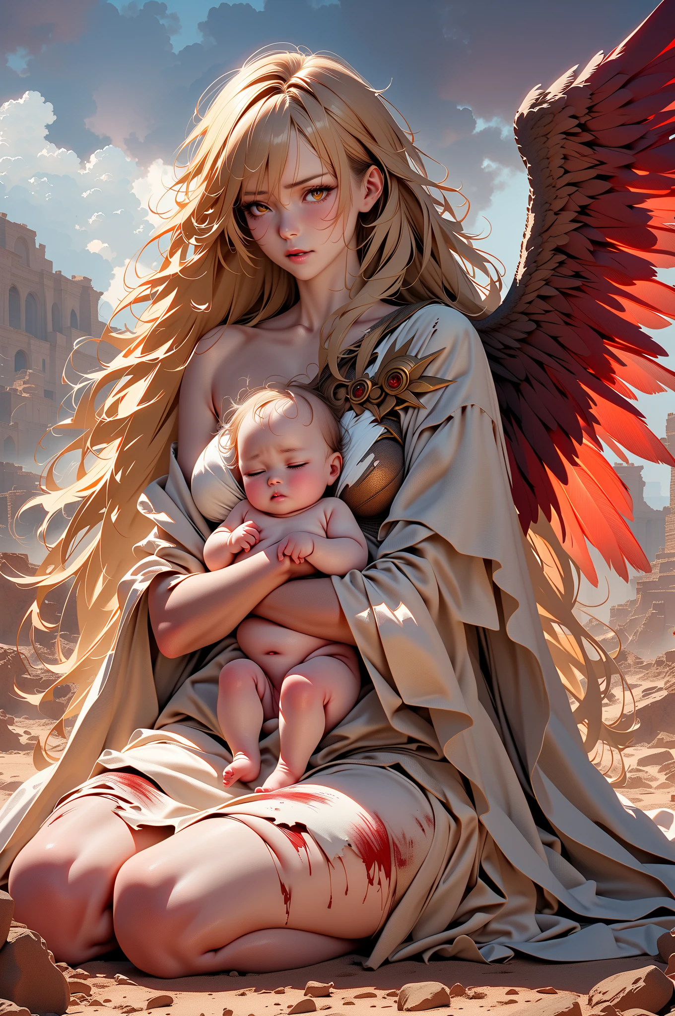 An angel protecting a child in the midst of a dangerous and chaotic environment. --auto --s2