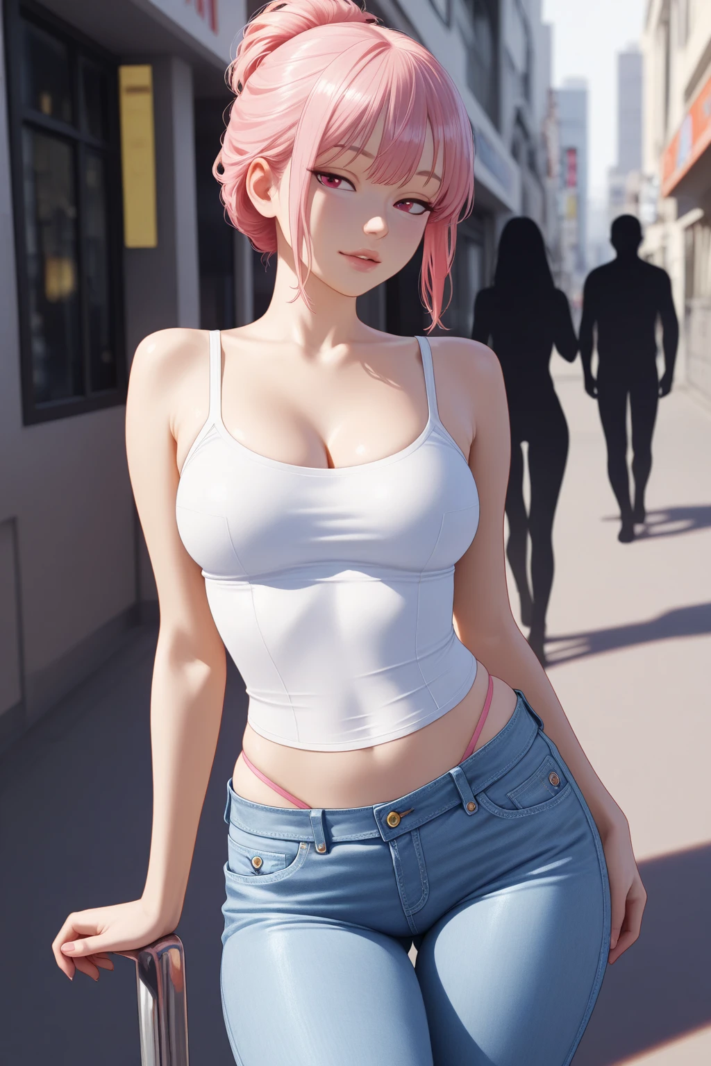 (((32k))), (((best qualityer))), (((face detailed))),(((defined body))), (((Kizi))),(((18 years old))),(((medium breasts 2))), (((blue colored eyes))), white  shirt, shorts,(((dainty))), (((big pink hair)))