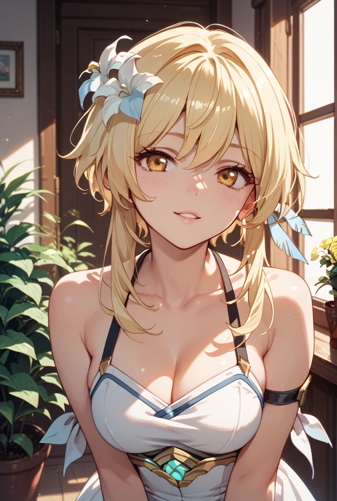 Blonde medium-long hair、beautiful girl、Big Breasts、high school girl、bug size T-shirt