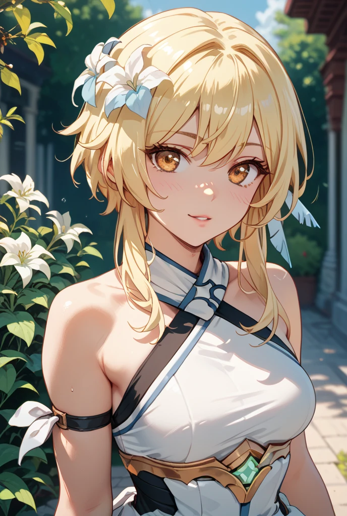 A goddess in very thin clothes　Divine decoration　Big iridescent eyes　Blonde　((Short Hair))　ponytail　Hair tied up high　Center part with bangs swept up　Pulling up bangs　forehead　((slicked back hair))　Forehead　An oversized dress made of fabric that crosses over the neck　There are folds in the clothes　Cleavage　Very detailed　Pure white cloth　mini skirt　Upper Body　