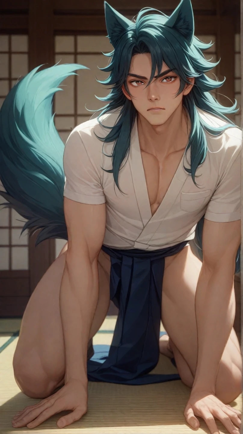 (hyper-realistic digital illustration), hires, best quality, boy wearing micro black thong, see-through black thong , front view, lying on his back, holding legs raised, athletic body, (white skin), bare chest, flat chest,(long green blue hair scruffy ), determined expression, small waist, muscular.