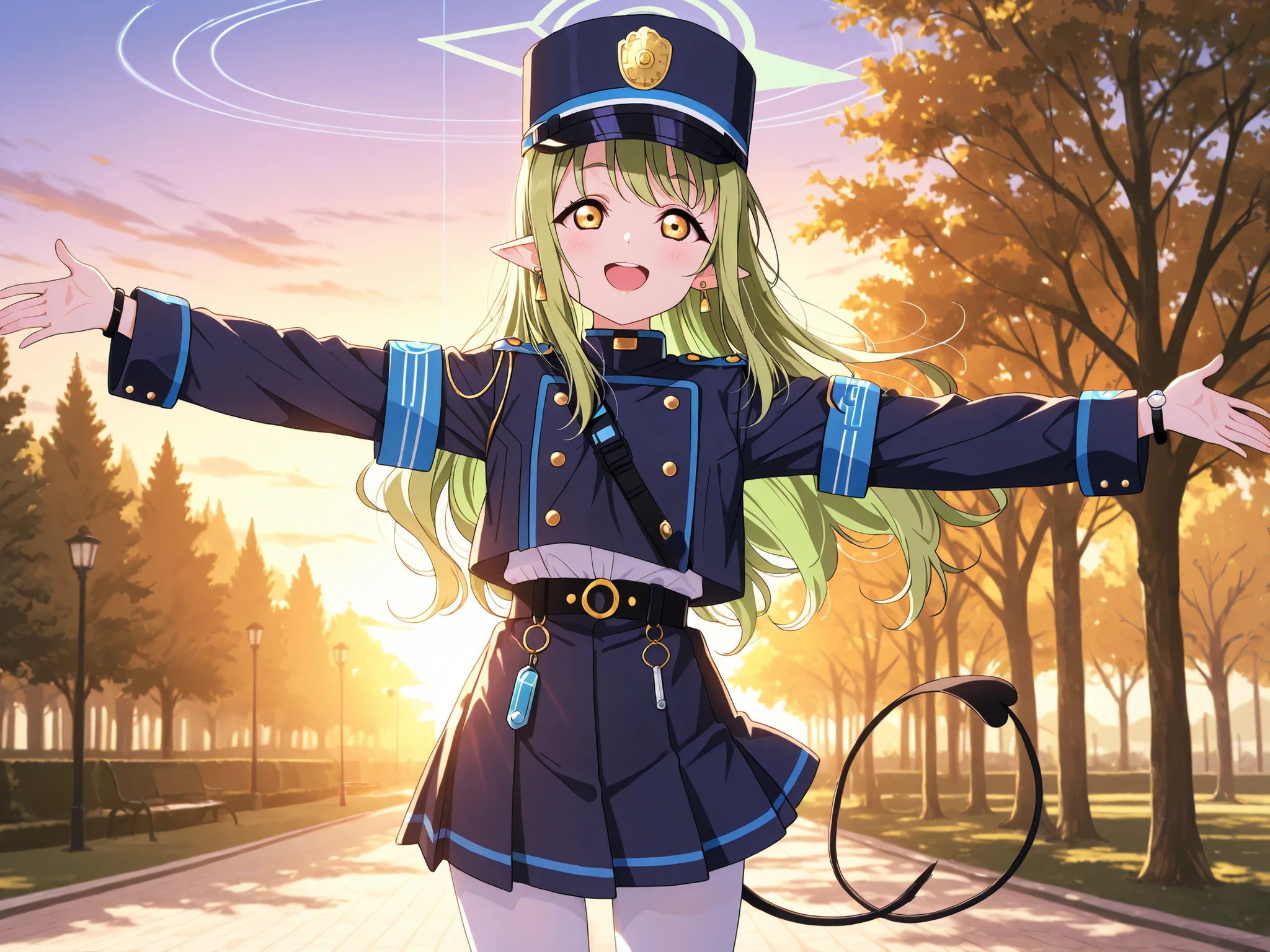 hikari_\(blue archive\),yellow eyes,green hair,long hair,earring,pointy ears,halo,tail,jacket,skirt,arm band,white pantyhose,peaked cap,boots, open arms, love live,park and trees in background,solo, female focus, cowboy shot, front view, early morning, happy cute expression,hands out of frame, cinematic lighting,sunset,back lighting