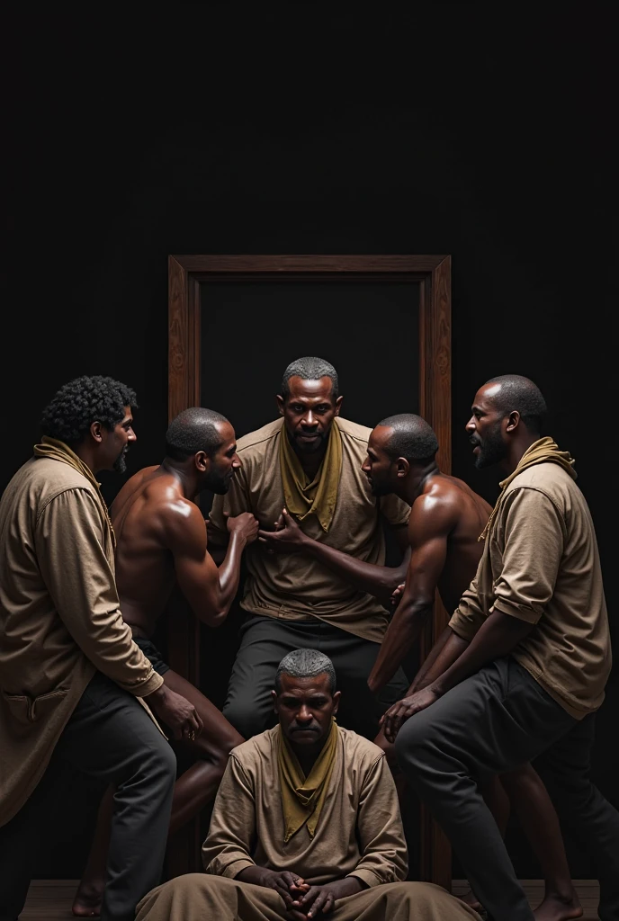 A cute man with a feminine figure wearing a chastity belt has his genitals forced into his mouth by several black men