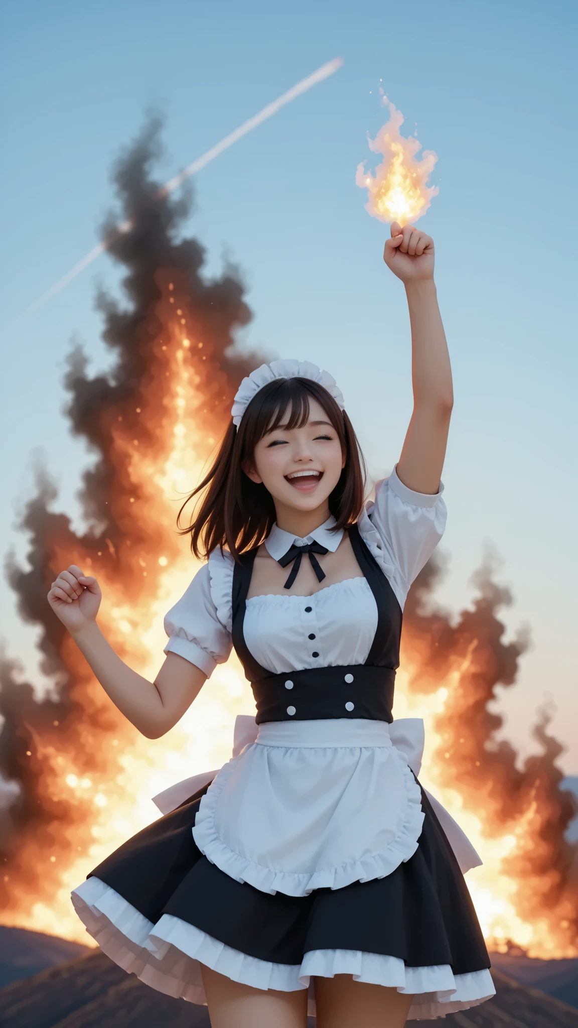 maid outfit, floating on sky, laughing, arm up, burning fist,
