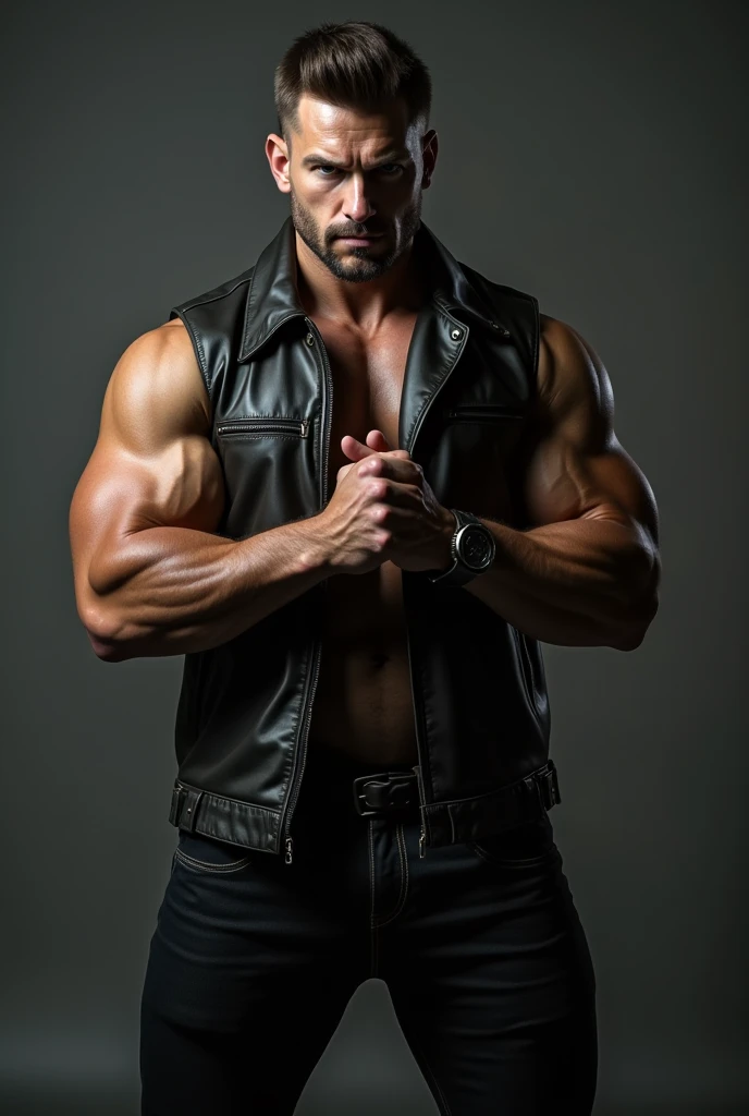 Real man with torn shirt and visible broad muscles and wearing a black hat