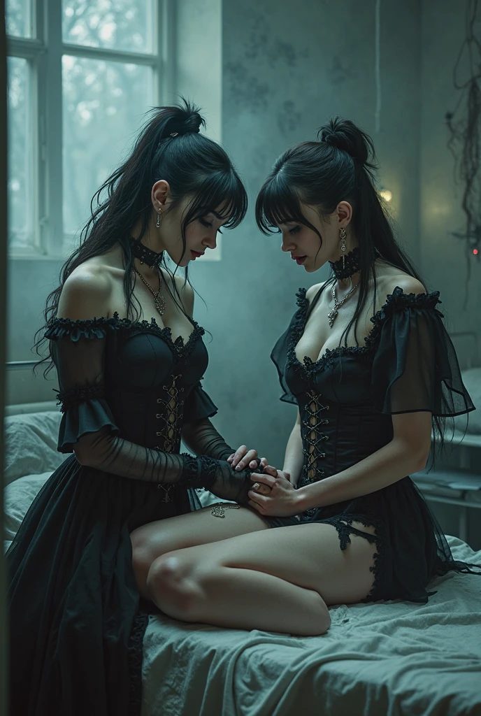 beautiful gorgeous gothic punk girl lying on a marbre table for human sacrifice, people around, sexually aroused, provocative pose, lust expression, erotic gaze, skinny, small, huge tits, in a luxurious magical temple with esotheric symbols, lying down