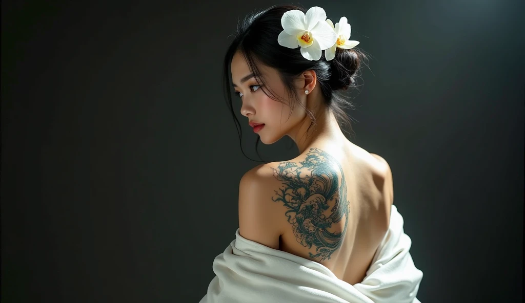 ( photography of, Award-Awarded) ((((1 girl 21 years old with american style blue hair perfect eyes and long eyelashes)))), ((((Create a character sitting in a bathtub,taken from behind, Place in the center of the frame,Put towel on chest:1.5)))), Reclining in the traditional way, Slim clawfoot bathtub,with delicate legs,Prominently located at the bottom center of the composition. personal length, brown hair hanging down her back, ((( A large, intricate black tattoo covers a girl's entire back))), This detailed tattoo creates a striking visual element against a tranquil background. The scene set outdoors, Bathe in the soft light of a secluded retreat, Lush greenery can be seen outside the ornately carved wooden railings. Lush surroundings combined with exquisite tattoos,Create a portrait of tranquility and personal expression in harmony with the natural environment. s the perfect face, lewd eyes, movie background, atmospheric haze, dramatic lights, hight contrast, Intense shadow puppet show, dark palette,
