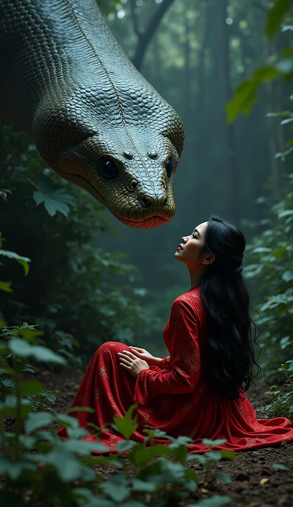 Dramatic cinematic scene of an enormous iridescent python coiled around an ethereal young woman in a flowing white dress, photographed in dark atmospheric lighting with volumetric fog, hyperrealistic detail, deep shadows, rim lighting, photo realistic textures, epic composition, octane render, 8K resolution
