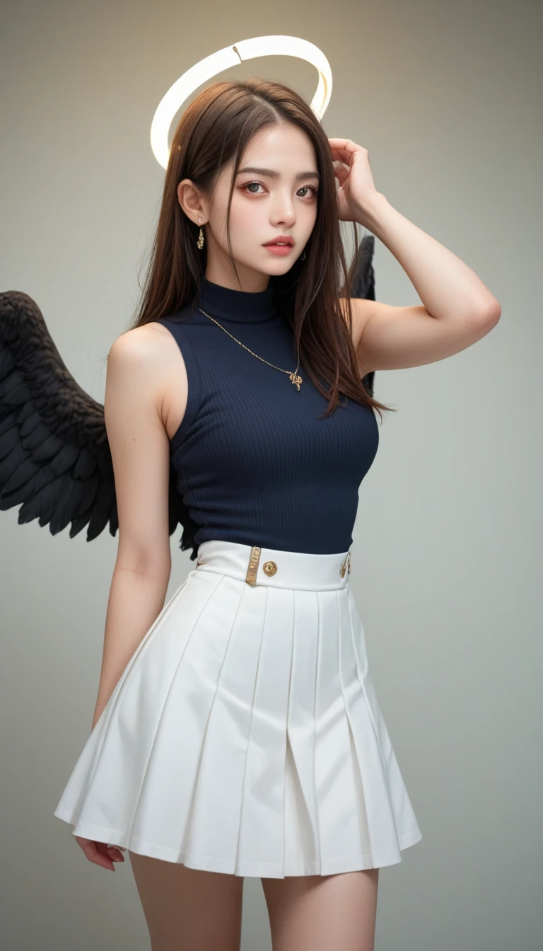 Masterpiece, best picture quality, one beautiful girl, detailed eyes, swollen eyes, brown hair, long hair, fair skin, cute, cute legs, short skirt, Japanese woman, Asian beauty, moonlight, strong eyes, professional lighting, bright lighting, double eyelids, slender, Japanese woman, Asian beauty, idol, Checked jacket, short checked skirt, ribbon shaped tie, smile, sweat, fresh, live stage, hair ornament, Japanese idol costume, idol audition, sparkly costume, angel wings,