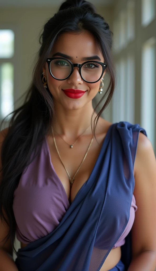Professional, High level of detail, close up photo (attractive mature 55yo woman:1.3),very long black hair with hair ribbon, tied up, gray eyes, (wearing long sleeve blue transparent satin kebaya with detailes red purple batik ornament, long skirt)1.455,ray tracing, natural lighting, (seductive:1.1), (blushing:1.1 ), (classy, elegant, dandy)1.2, (round big breasts)1.2 (pokies)1.3, (toned body, hourglass body shape) (wipe hips), (full body with visible face and eyes)1.5, glasses, earnings, big tree, sit down at bench, city, necklace, tattoo on breast, crossed leg, shy smile, pink lips