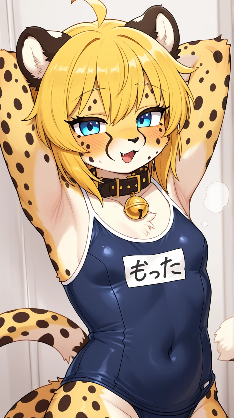 masterpiece, best quality, saeko tanaka, looking at viewer, yellow hair, yellow eyes color, large breasts, upper body, portrait, seductive smile,both hands raised, armpits, armpits visible, sweaty armpits, wearing sexy bikini, tiger print, background on beach