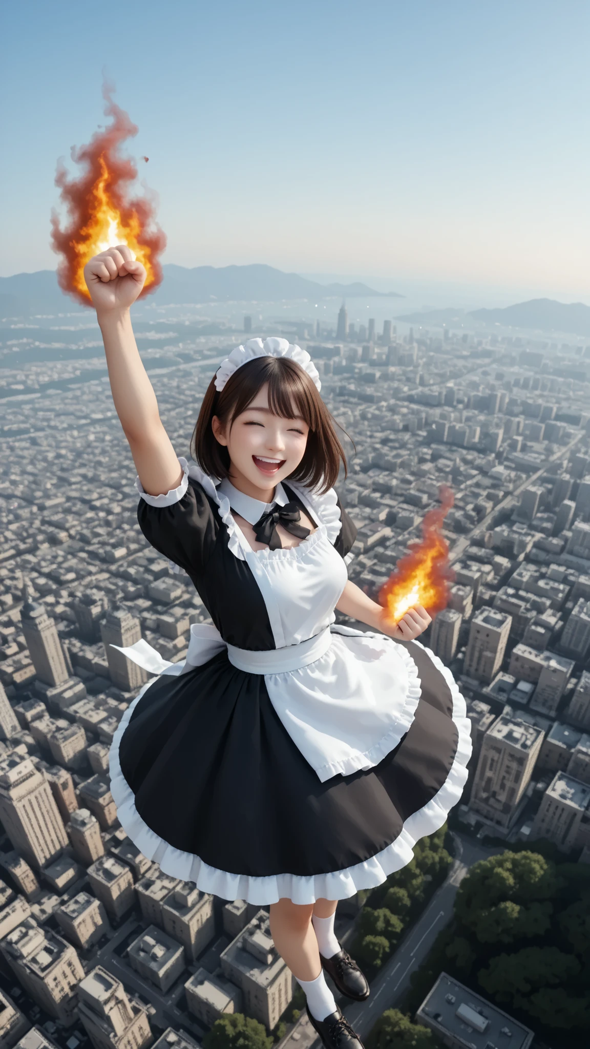 maid outfit, floating on sky, laughing, arm up, fist is burning, from above,