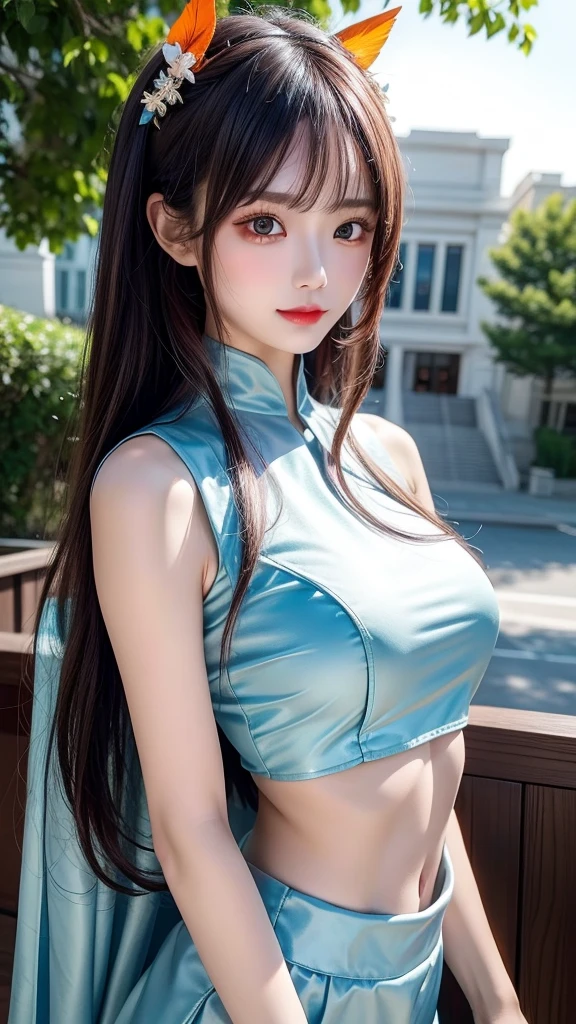 4K Ultra HD, masterpiece, high detail, a girl, cute face, delicate eyes, long gray hair, 裙子上的蓝色neon lights, Cyberpunk blue dress, 附有蓝色neon lights的衣服, neon lights??, bare belly, spread light, light reflection, light reflection on road, light reflection, Lights scattered everywhere, neon lights, whole body capture,