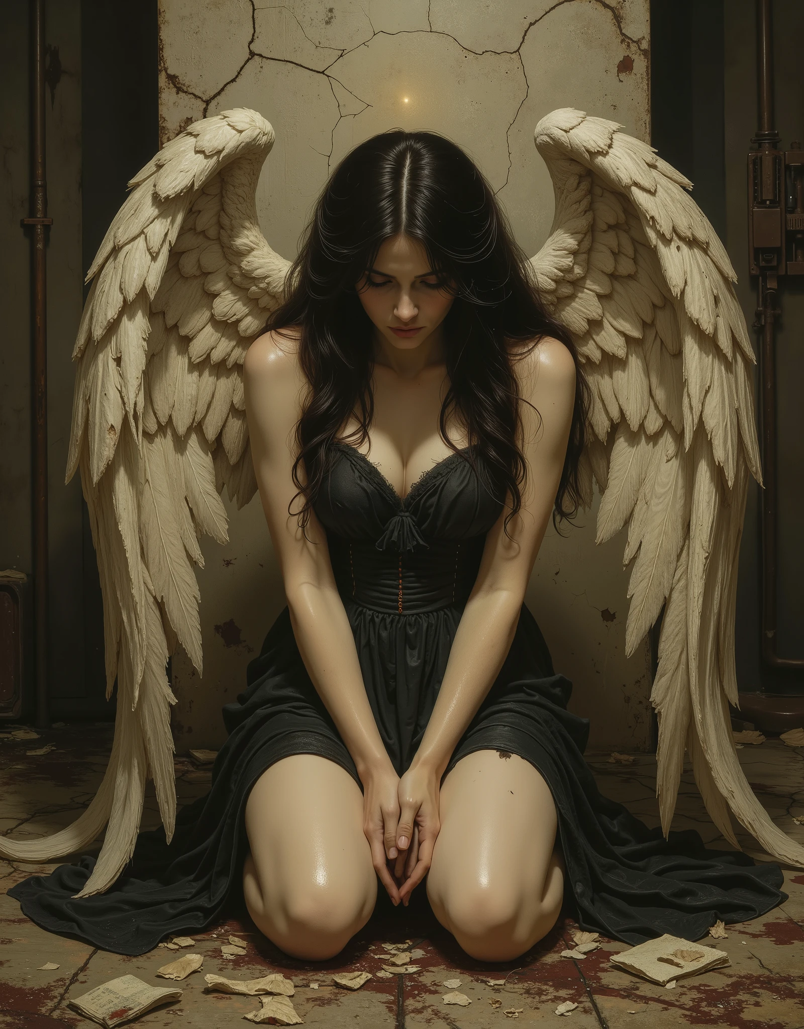 A narrative of the "dark angel" unfolds across three haunting images, each a testament to the fallen angel's sorrowful descent, echoing the Pre-Raphaelite artistry of Edward Burne-Jones and Dante Gabriel Rossetti. In the first image, a figure kneels in a dimly lit, industrial room, vast black wings unfurling like shadows. The angel, cloaked in darkness, bows over a shrouded form, its feathers jagged and worn, suggesting a fall from grace. --a solitary angel with a broken wing, her head bowed in silent despair. Her dark, flowing hair and tattered gown evoke Rossetti's intense emotional depth, the texture of her wings painted with a gritty realism that mirrors the Pre-Raphaelite obsession with nature's decay. The sepia background, cracked and stained, frames her as a relic of lost divinity, her gaze inward, embodying the fallen angel's eternal regret. --The muted tones and melancholic pose reflect Burne-Jones' ethereal melancholy, where divine beauty meets earthly ruin. Barry Windsor Smith -- Lurid vivid colors and details,an ominous mood, chilling atmosphere, smoky ambiance, cinematic composition, detailed, intricate, medium contrast, murky blue and green back lighting, volumetric lighting, Frazetta, Steranko, James Bama, classic fantasy art, lurid and vivid colors, perfect anatomy, masterpiece, HD, 8x, "anatomically correct human" "realistic proportions" "natural human pose" "full figure, accurate anatomy" "correct fingers and joints" 1960s TV, moody lighting, chiaroscuro, Italian pulp comic color palette, saturated dark orange tones and dark muddy greens, sparse red tinges on the edges of objects, film grain, Technicolor, dramatic shadows, unnatural angles, dark frame around image, vignette effect, Suspended reality and dreamlike quality, Symbolic and grotesque imagery, Intricate lighting and shadow play, Stylized color palettes, Dynamic framing and composition, erotic, sexy, NSFW, more of a classic painting/illustration style than a photograph