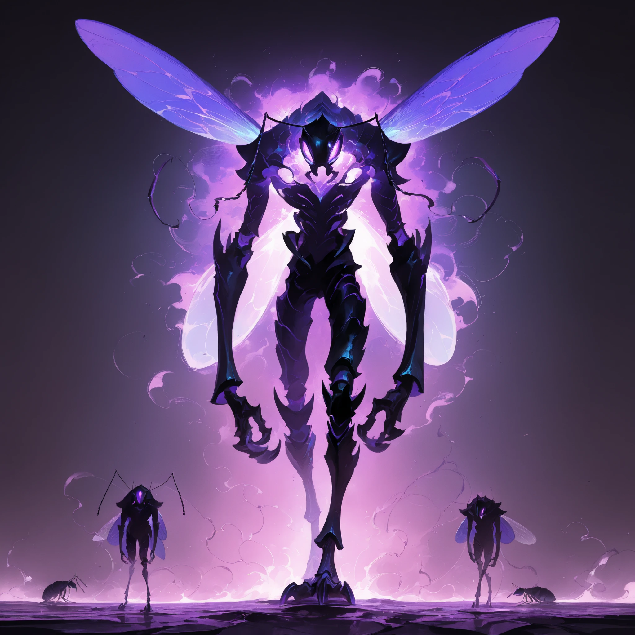 masterpiece, ultra-HD, impressionism, high detail, best quality, very aesthetic, 8k, best quality, beautiful, akb, Ant King Beru, solo, black silhouette, purple aura, glowing purple eyes, antennae, wings, claws, ant, insect, anthro, monster, standing, full body, looking at viewer, simple background, front view