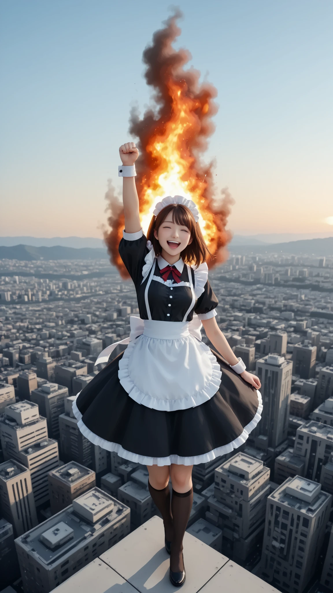 maid outfit, floating on sky, laughing, arm up, 1fist is burning, 1knee up, from above, motion line,