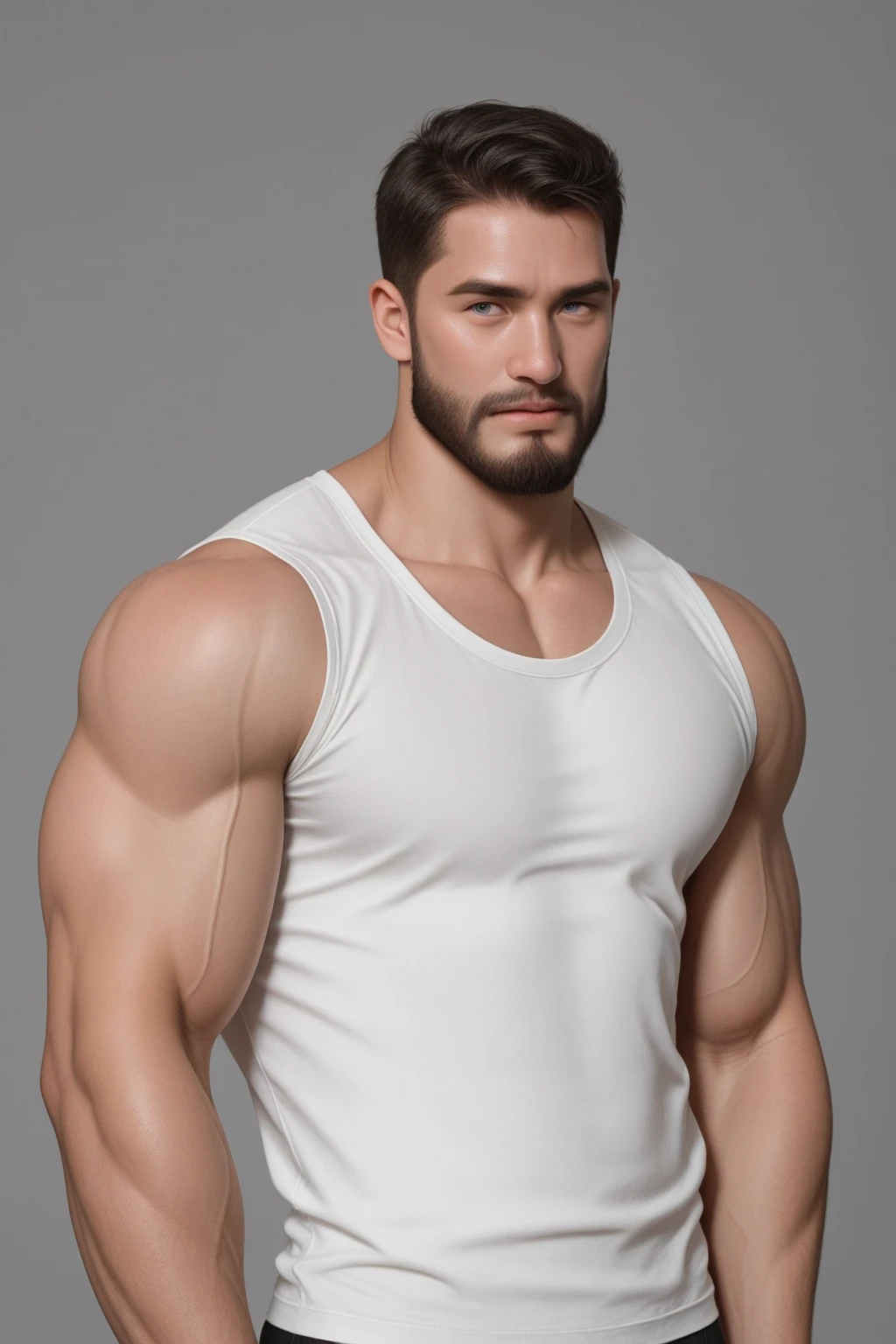 (1man),muscular, (brown eyes), casual clothes, handsome, wearing a tight tank top, dynamic,wearing a (white) tight short, wet short, wet bulge, genital outline,see-through,