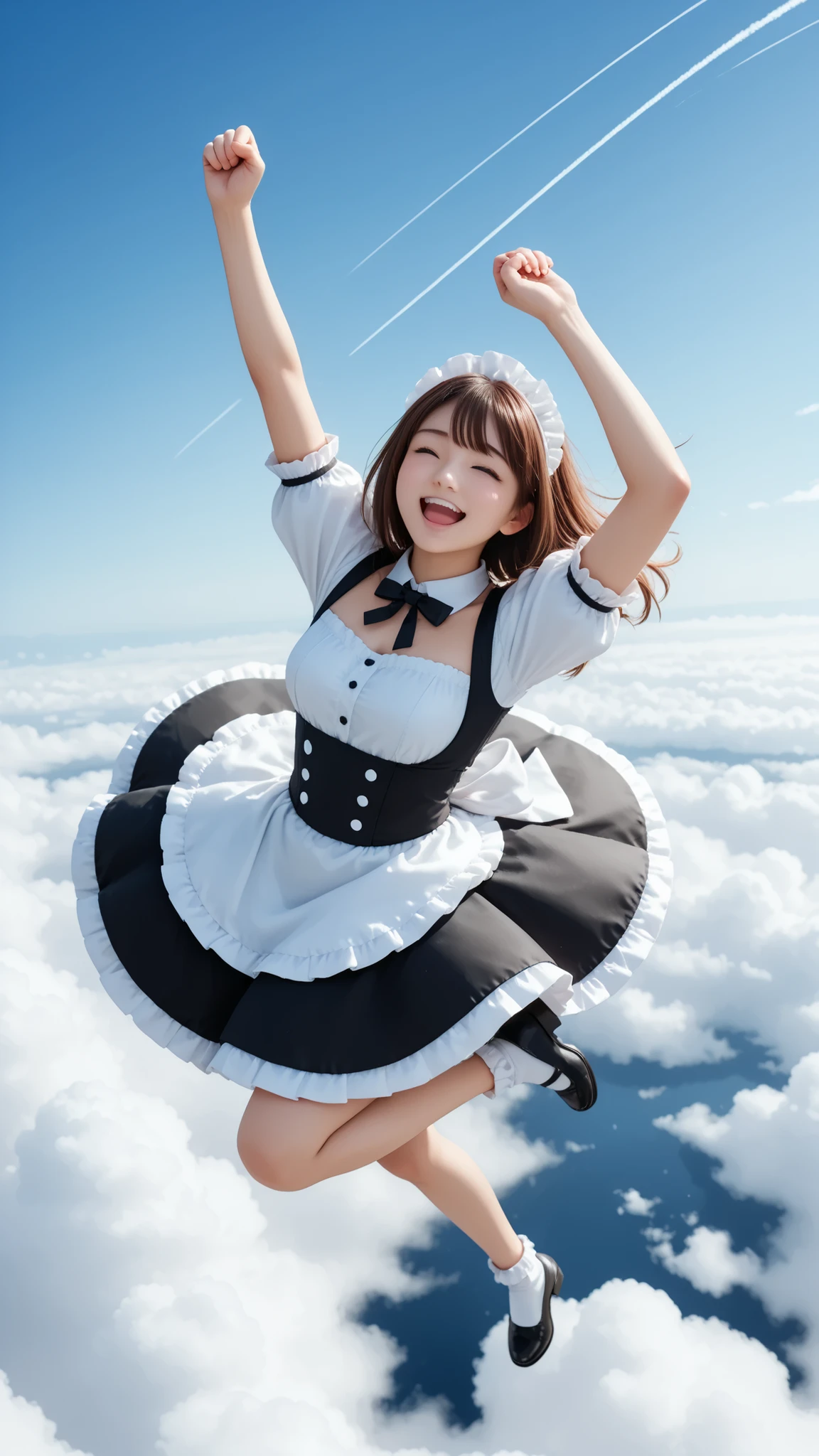 maid outfit, floating on sky, laughing, frying on sky, arm up, 1fist, 1knee up, from above, shining motion line, dynamic, detailed, highres,