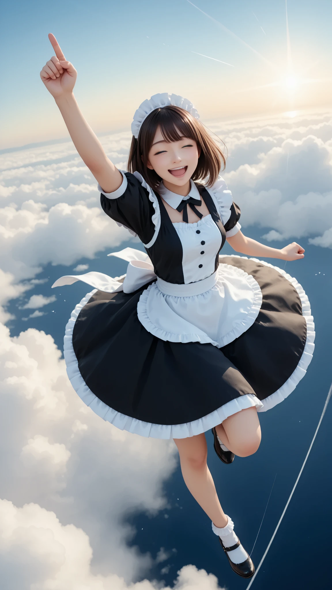 maid outfit, floating on sky, laughing, frying on sky, arm up, 1fist, 1knee up, from above, shining motion line, dynamic, detailed, highres, cute classical frill,