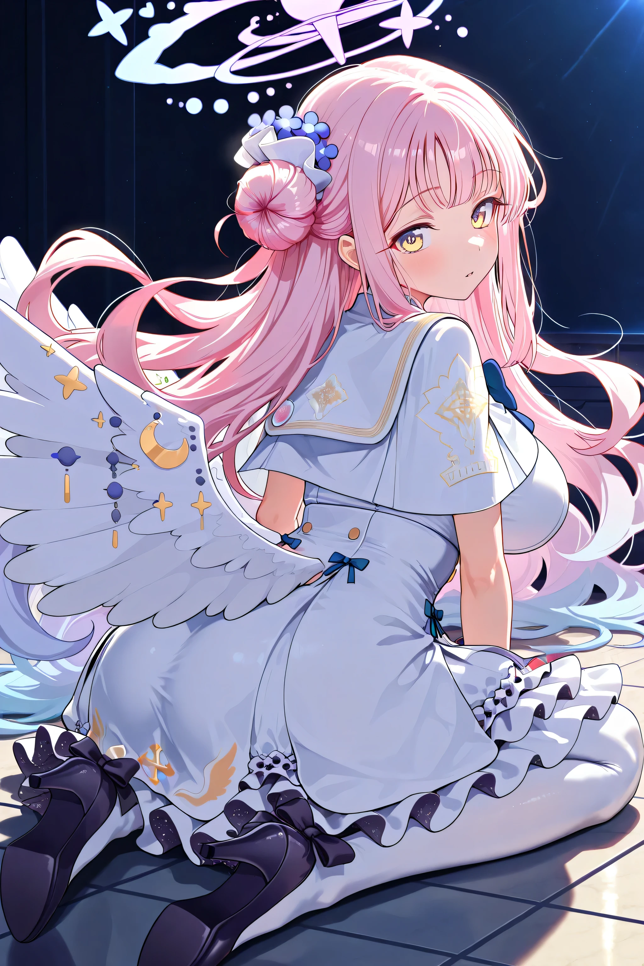 Mika is sleeping。closes her eyes。Full Body。focus on upper body。Curl up。 rolls his back。big breasts。beautiful。The background is the universe。bright lighting。mika \(blue archive\),yellow eyes,single hair bun,pink hair,long hair,halo,white dress,capelet,wings,white pantyhose,high heels,mika-default,masterpiece,Highest Quality,Very Detailed,Ultra High Definition,8k,4k,score_9, score_8_up, score_7_up,