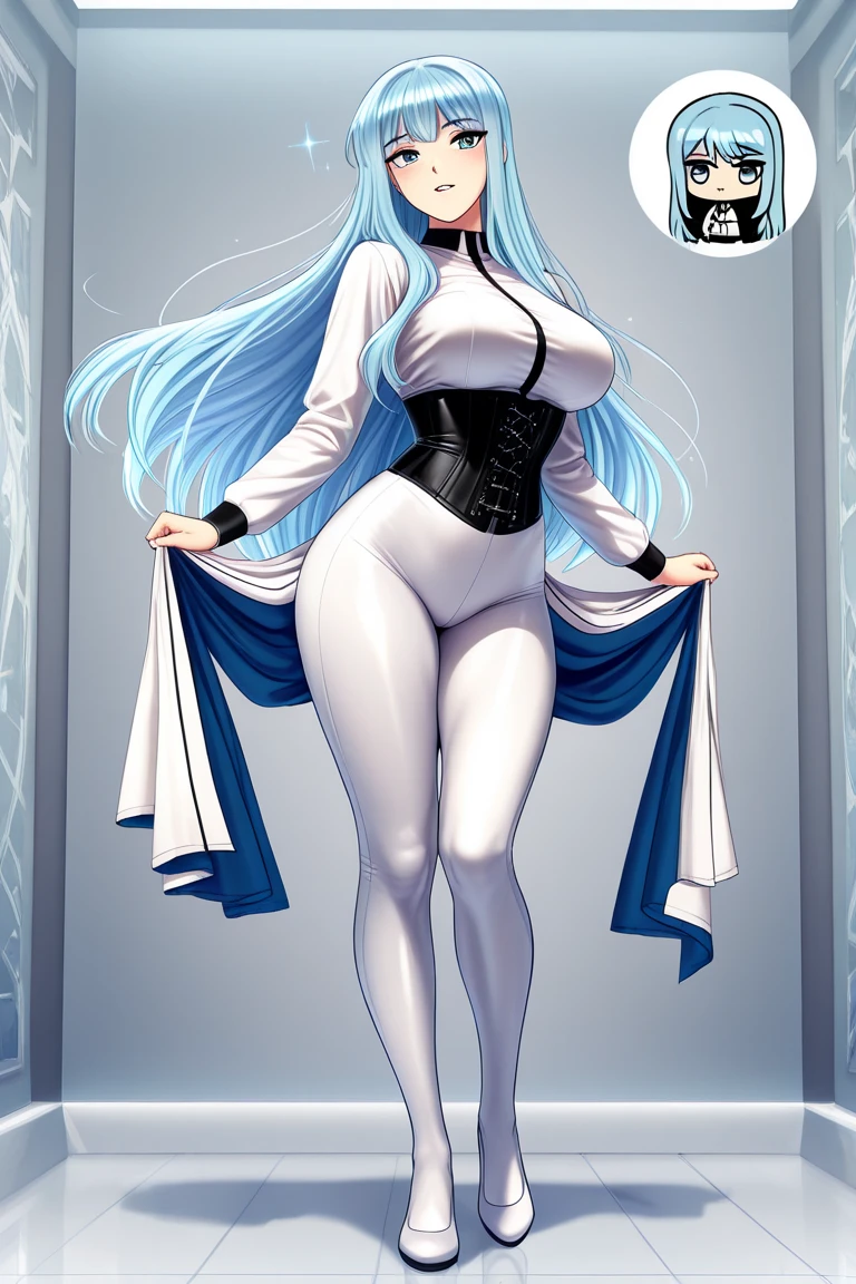 (full body),masterpiece, Highest quality, High resolution, One girl, alone, Grey Hair, Blue eyes, ( bodysuit,leotard,headset,ribbon,No sleeve, White gloves, Knee-high boots), Cowboy Shot, Hands on hips, smile, Open your mouth, Outdoor,Thick thighs,