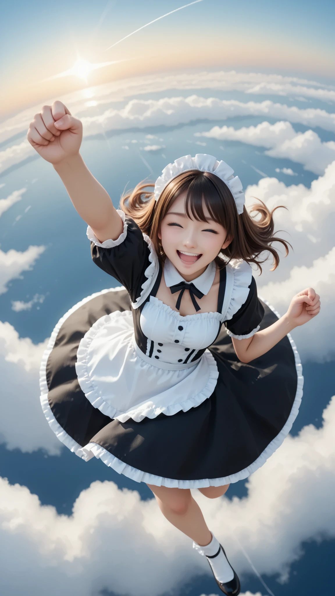 maid outfit, floating on sky, laughing, frying on sky, arm up, close up 1fist, face, 1knee up, (((from above))), shining motion line, dynamic, detailed, highres, cute classical frill,