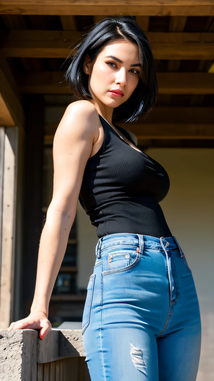 j3nn1f3rc-v2, super hot landlady is flirting with her tenant, erotic smile, tight black t-shirt, jeans pants, full body, very detailed skin, freckles, detailed face, beautiful face, detailed eyes, beautiful eyes, perfect eyes, fair skin, pale skin, thin body, blue eyes, sexy smirk, sexy, erotic, morning, viewed from below, looking erotically at viewer, short hair
