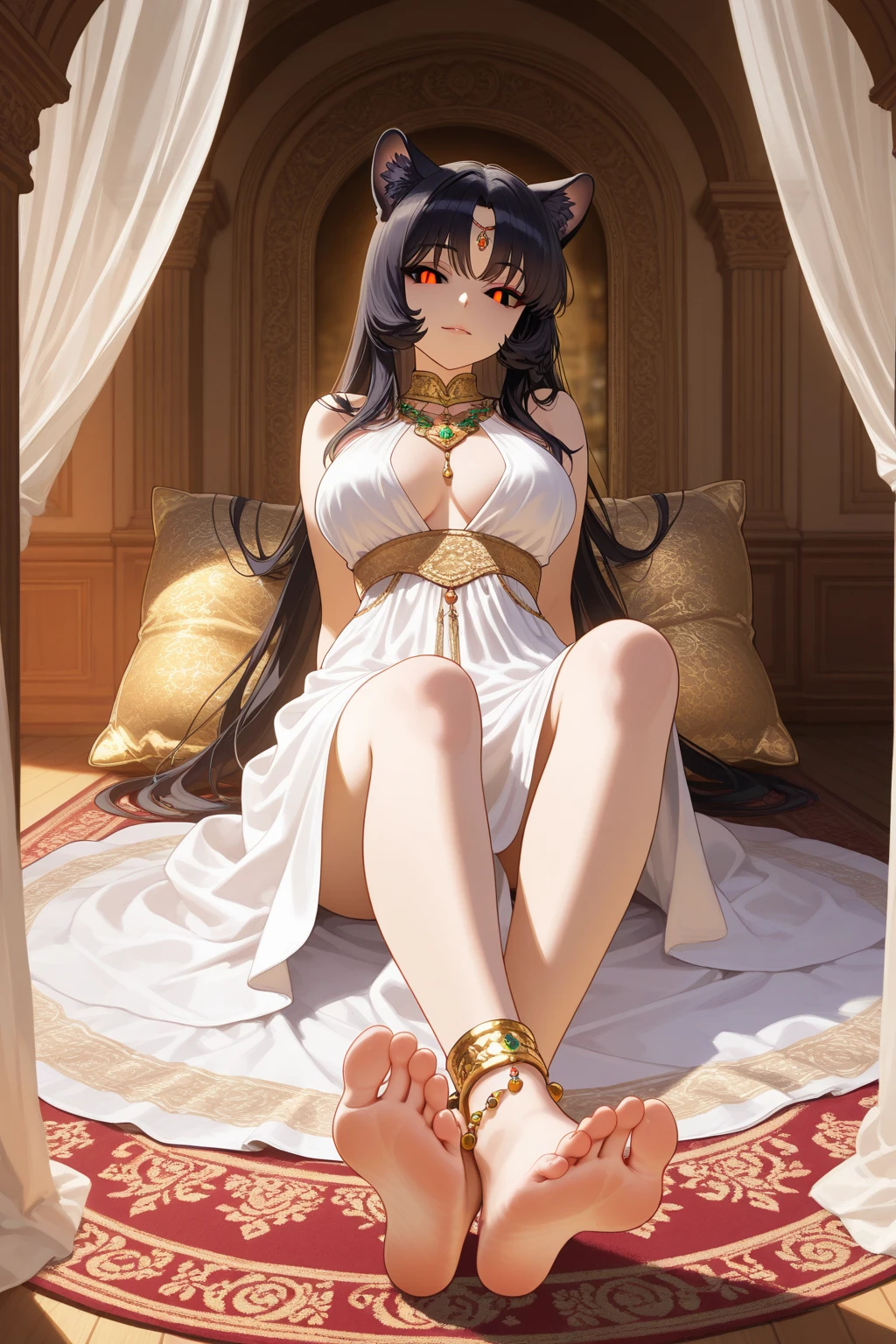 masterpiece, best quality, ultra-detailed, 1girl, solo, looking at viewer, (curvy:1.1), large breasts, black hair, long hair, hair over one eye, (wavy hair:1.1), yellow eyes, , (breasts apart:1.3), groin, (pasties:1.3), neck ring, armlet, bracelet, (thighlet:1.2), (white veil:1.2), (hair ornament:1.1), navel piercing, (chain:1.1), (gold:1.3), (gold trim:1.2), rose, sweat, spread legs, sitting, arm up, full body, anklet, barefoot, on bed, (((goddess durga))), (((hindu goddess)))