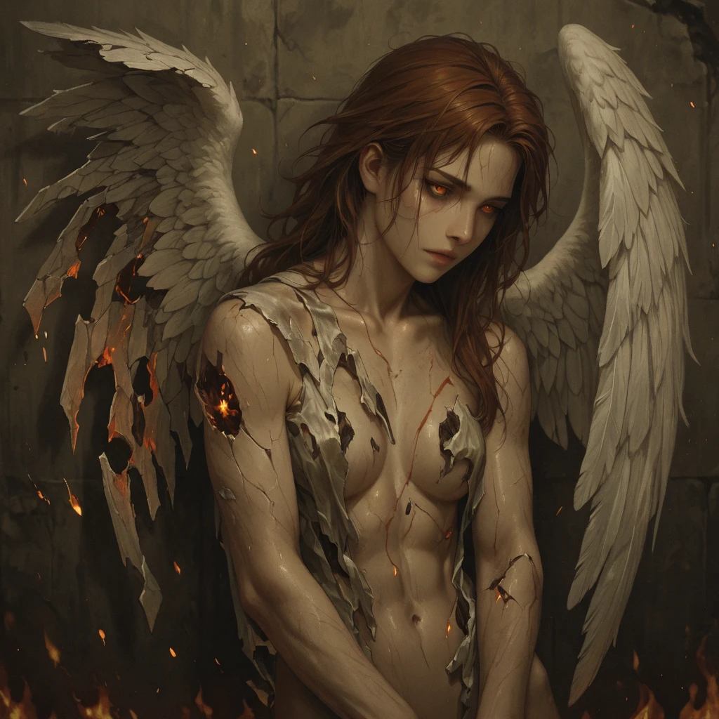 lucifer, angel, 6 wings, nude, orange hair, male, highly detailed, intricate details, dramatic lighting, cinematic atmosphere, vibrant colors, masterpiece, photorealistic, 8k, ultra-detailed, hyperrealistic, dramatic pose, powerful, mystical, ethereal, glowing, divine, celestial, sacred, mythology, fantasy, epic, cinematic, chiaroscuro lighting, dramatic shadows, volumetric lighting, depth of field, bokeh
