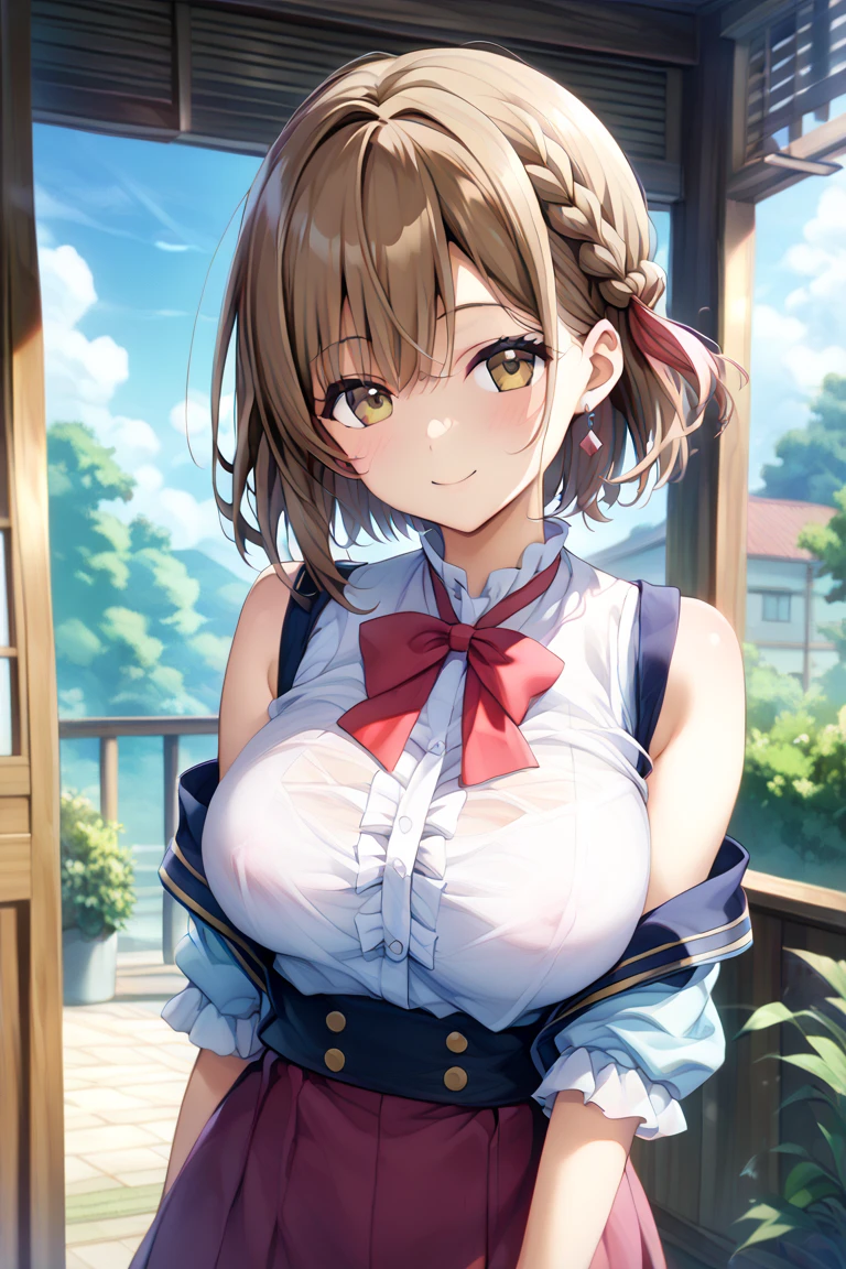 Highest quality,masterpiece, best resolution, nsfw, 1 girl, sailor uniform, topless, huge breasts,pink nipple, belly button,outdoor, blush, standing, horse ears, horse tail