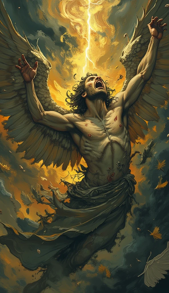 Icarus is injured, falling into an abyss, his wings are burning, hell is beneath him with hundreds of crazy people, he tried to reach the sky.