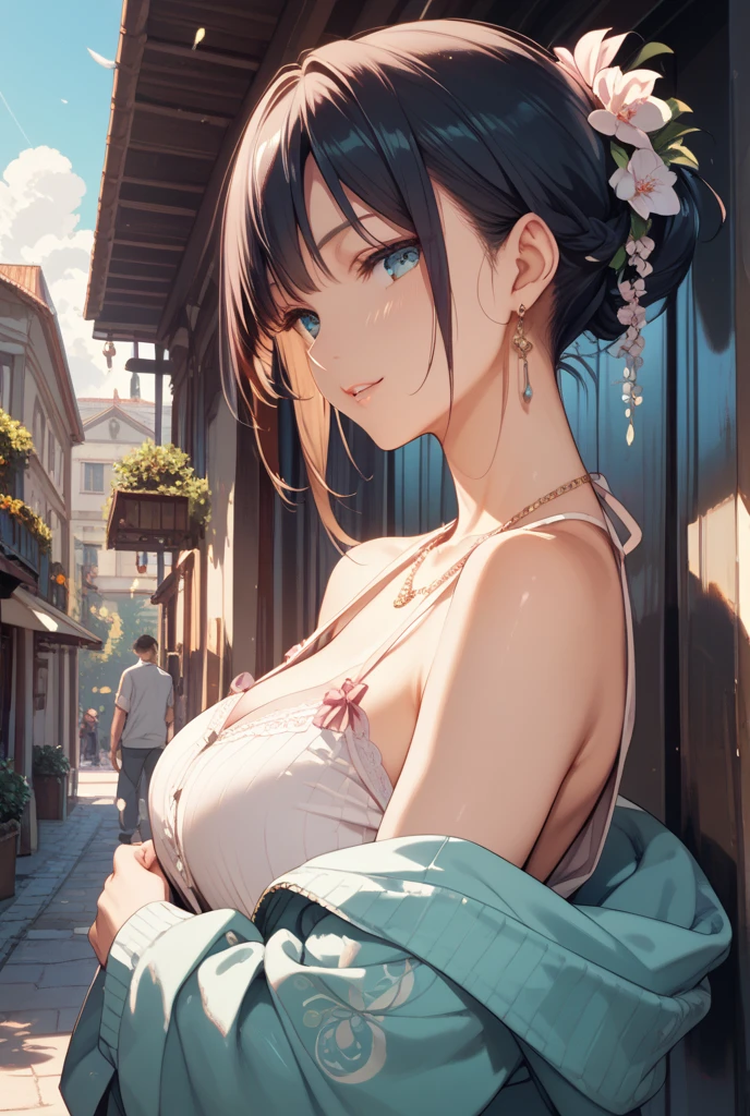fullnude、Girls in a courtyard, cute bow, pubic hair, (embarrassed), shy small smile