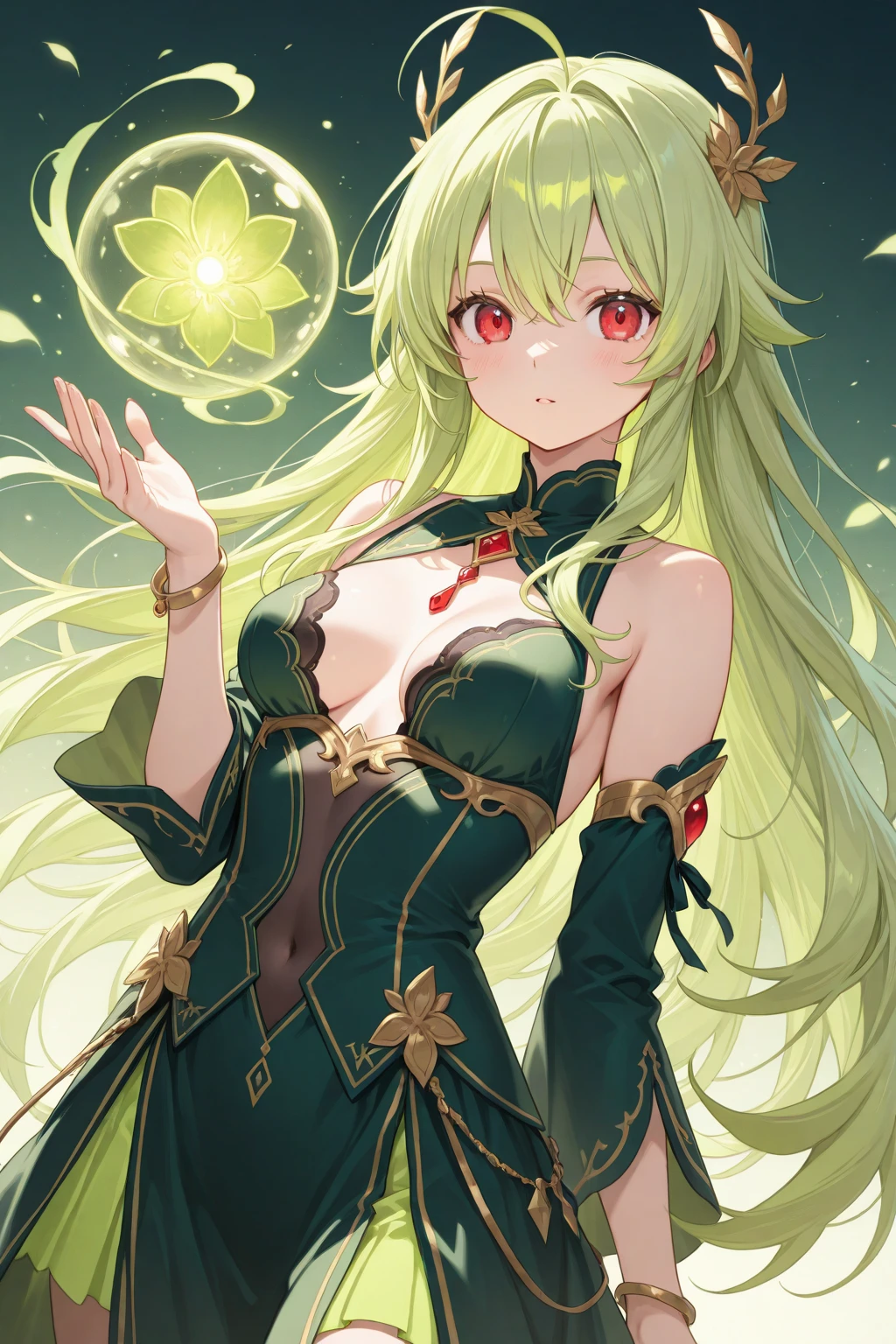 Anime girl with long white hair and green eyes, nahida Genshin Impact, Green Aura, Shadowverse style, Keqing of nahida Impact, Emerald Herald, Genshin Impact person, Astri Lohne, Elf Girl, with huge luminous sad eyes, Genshin, bright mint face inspired by hykyouri