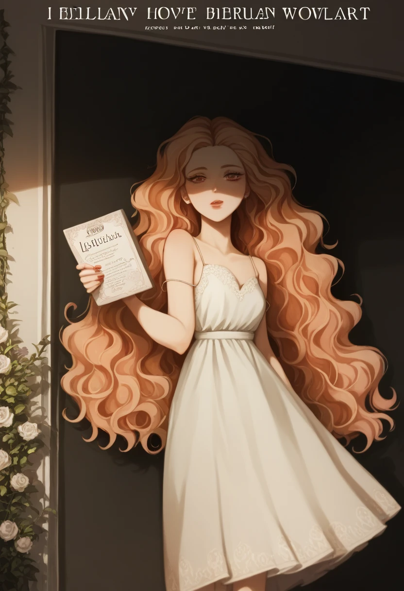 Beautiful girl with wavy long hair, bohemian dress, holding a white board with text "I Love Seaart Infinity" and showing it to the viewer