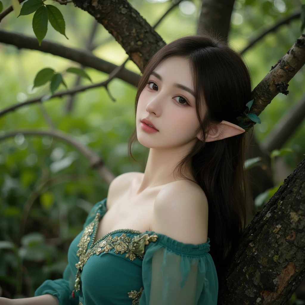 arm above head, sexy pose, look at butterflies, butterflies, black and white maid dress, graceful, park, green park, flwers, pond, smile, sitting on chair park, adult, 1 girl, elf, toned skin, anime, look at viewer, (light purple hair), straight hair, show body to viewer, best quality, highres, 8k, masterpiece, anatomically correct, super detail, textured skin, diamond face shape, so huge breast, fit body, beautiful, fantasy, anime style, anime painting, happy, joyful