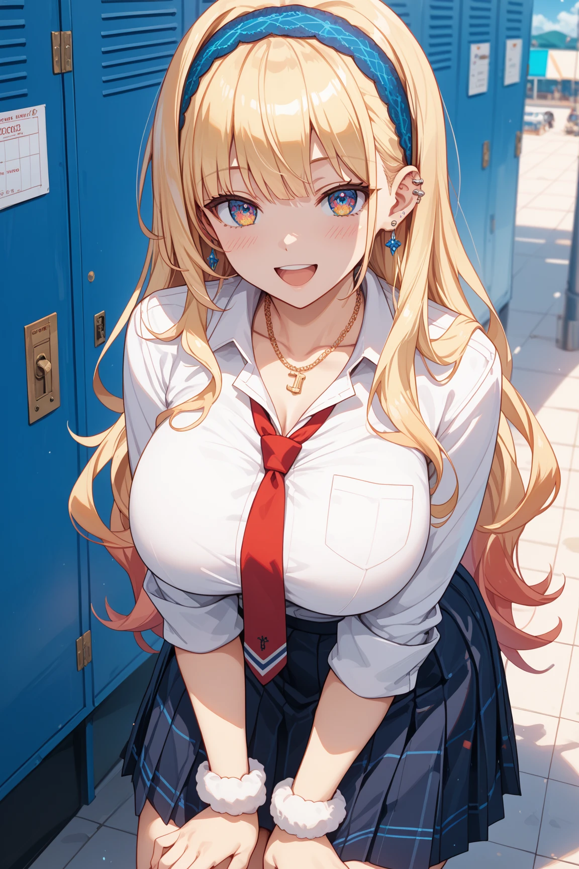 Marina Takikawa blonde anime this porcelain doll fell in love with a smile and love on her face, in a school uniform half exposing her large breasts and beautiful long hair, sitting doggy style on the floor at full height in stockings in a checkered skirt showing her panties