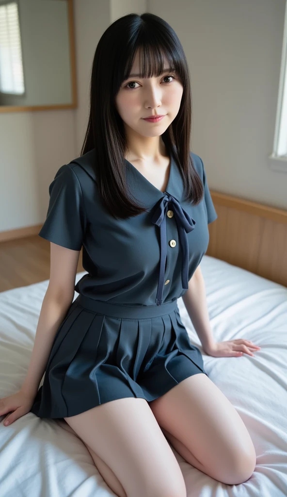nibuakariLoRA, girl, photorealistic, RAW photo, best quality, (perfect anatomy), (looking at viewer:1.2), (Depth of field:0.6), (standing), (arms behind back:1.6), (on room. simple background), 22yo, (flat chest:1.3), full body, (wearing dark blue Japanese school uniform:1.25), (dark blue long skirt:1.35), long sleeve, neck tie, (straight medium hair), lighting the subject, (fair skin:1.2), bangs, (tall), (voluptuous:1.25), <lora:add_detail:0.3>, <lora:nibuakari_v1.0_20231002_2051:0.5>