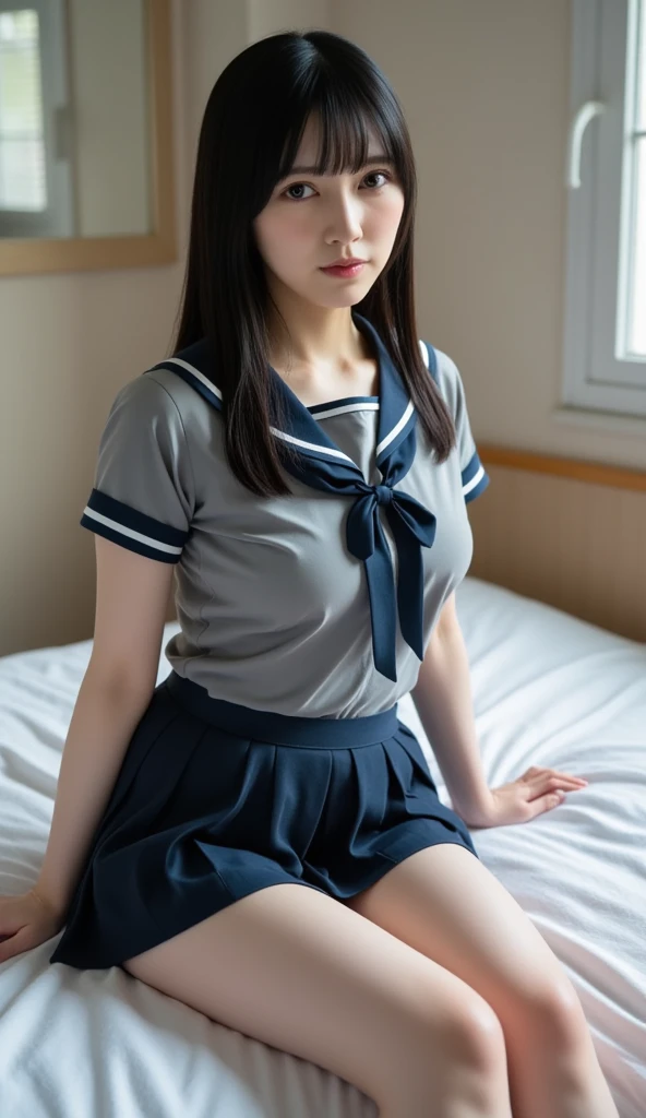 beautiful sexy little 9 years old Russian school girl, thin, long brown hair, with a ponytail, blue eyes, big red lips, dressing like a whore, harrased and groped on the bed by an older man